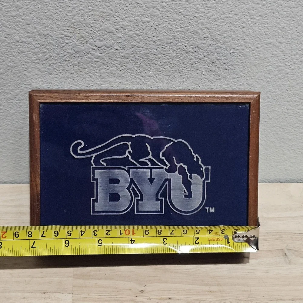 Vintage Carved Stone Slab BYU Cougars Lined Wood Trinket Box, Catch All Jewelry